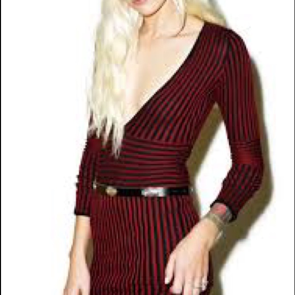 KNITZ For LOVE & LEMONS SWITCH STRIPED Deep V Neck long Sleeve Mini Ribbed Dress - Picture 9 of 12